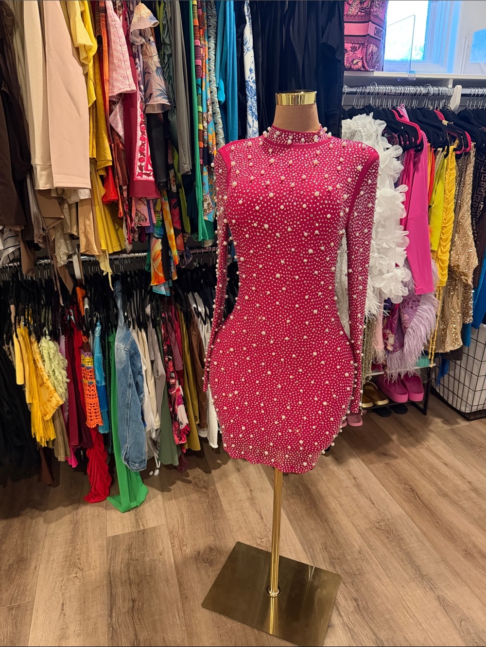 Fashion Nova Hot Pink Rhinestone & Pearl Long Sleeve Bodycon Dress